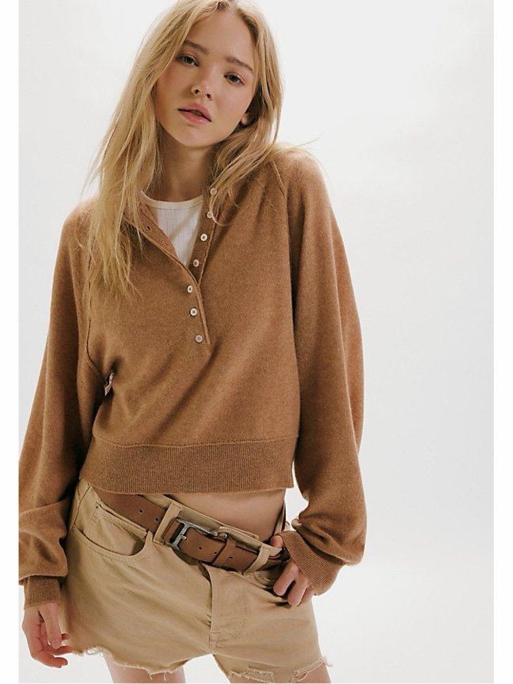 Free People Porta Cashmere Henley Light Brown Medium